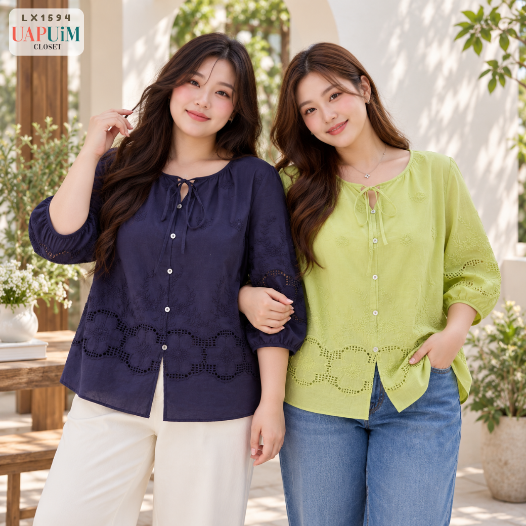 LX1594 เสื้อเชิ้ตแขนสามส่วนคอวีผูกโบว์