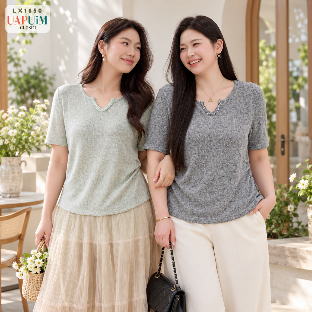 LX1650 เสื้อยืดแขนสั้นสีเขียวหม่นทรงสวย