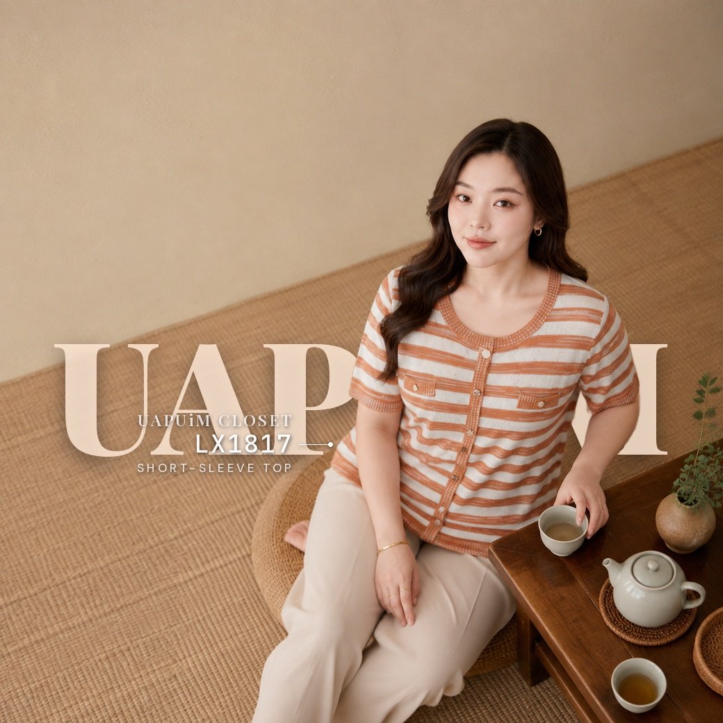 LX1817 เสื้อคาร์ดิแกนแขนสั้นลายทางสีฟ้าและสีส้ม