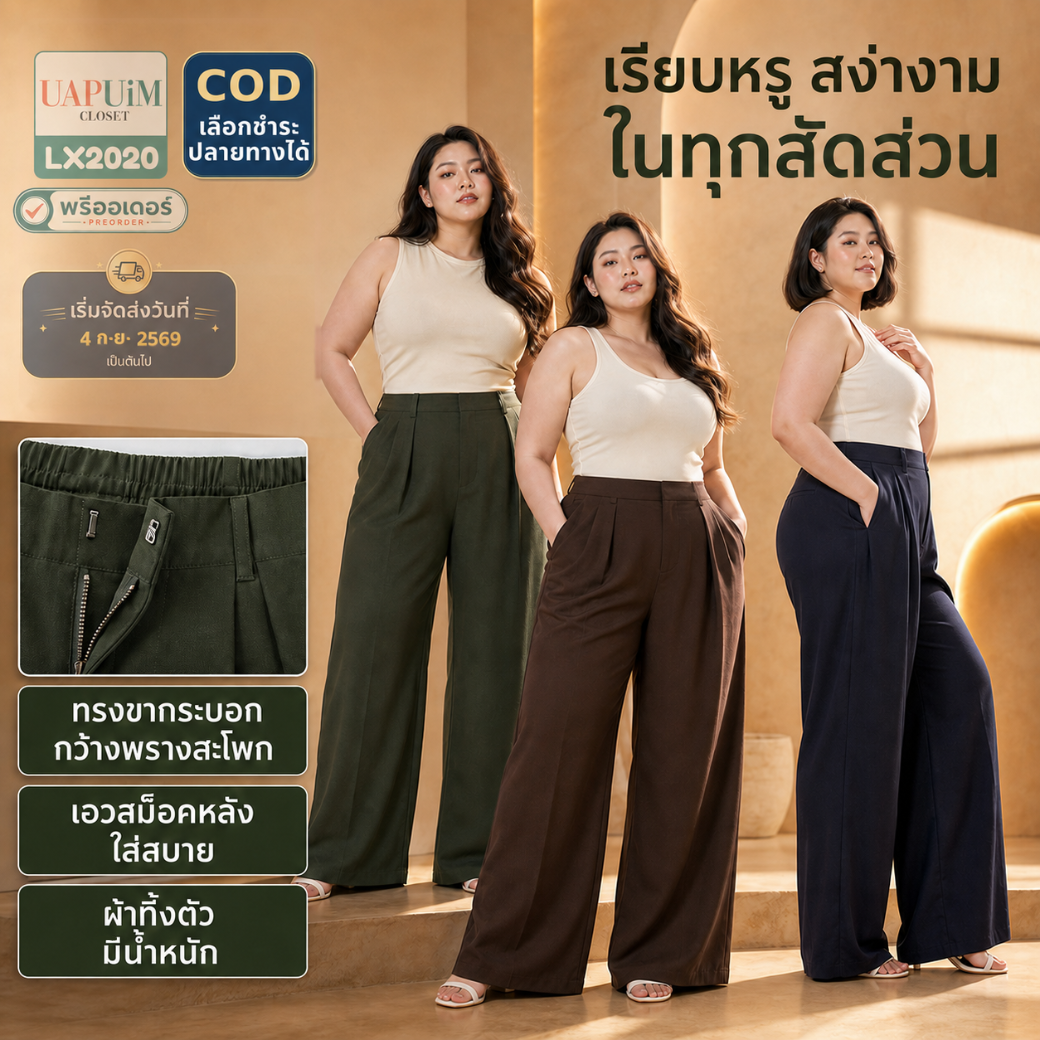 LX2020 กางเกงขายาวทรงกระบอกกว้างสวยคลาสสิก