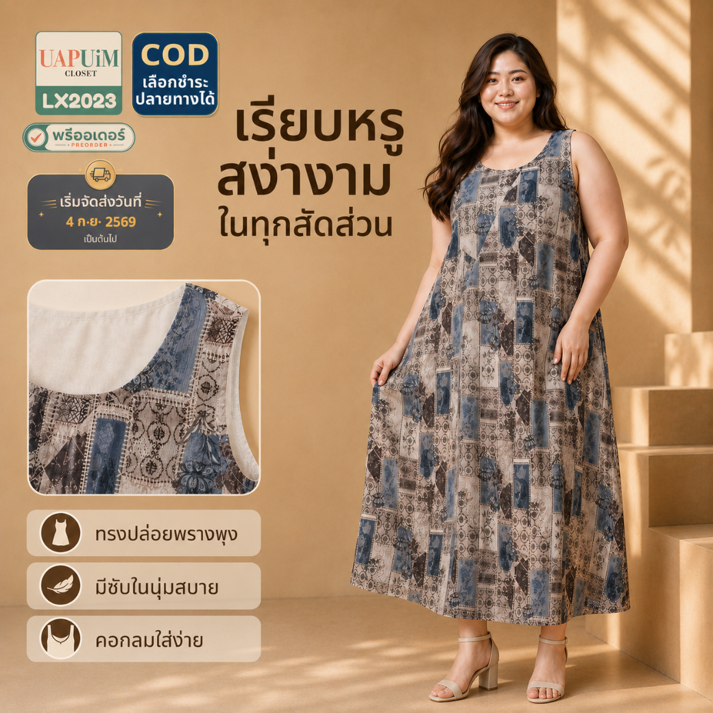 LX2023 เดรสยาวทรงตรงไร้แขนดีไซน์เรียบหรู
