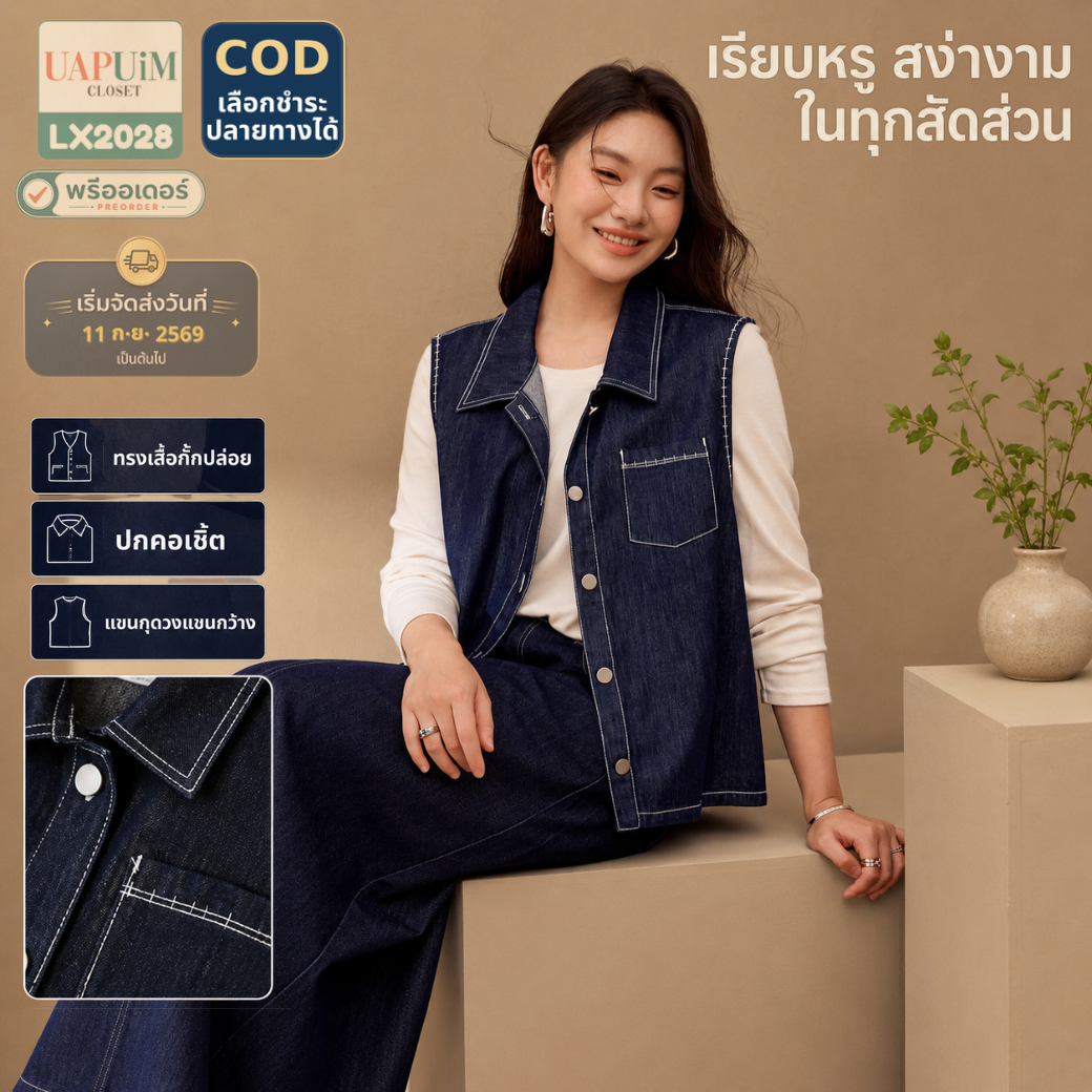 LX2028 เสื้อกั๊กยีนส์สีน้ำเงินเข้มดีไซน์คลาสสิก