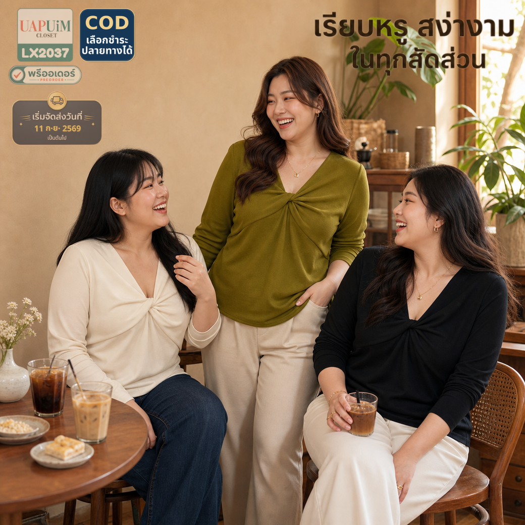 LX2037 เสื้อยืดแขนยาวคอวี ดีเทลจับจีบทวิสต์ด้านหน้า