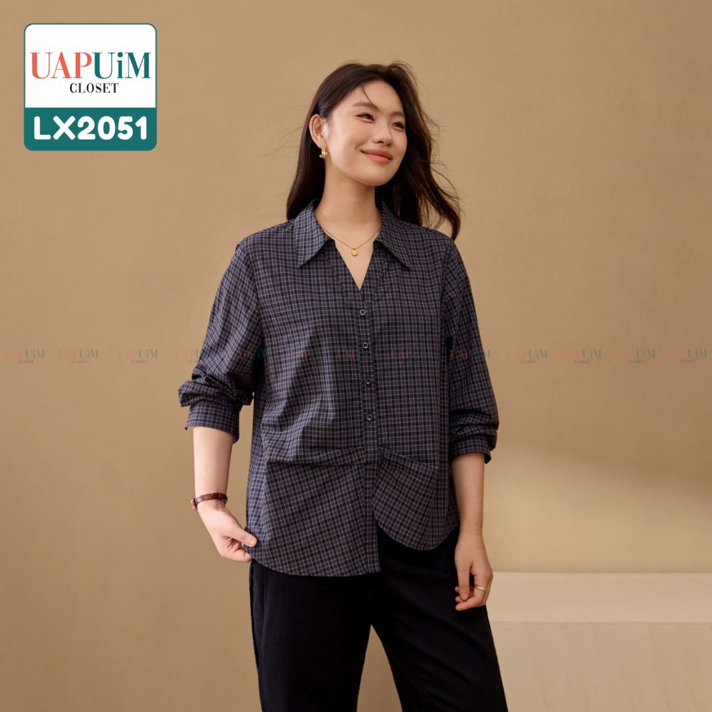 LX2051 เสื้อเชิ้ตแขนยาวลายตารางโทนเข้ม