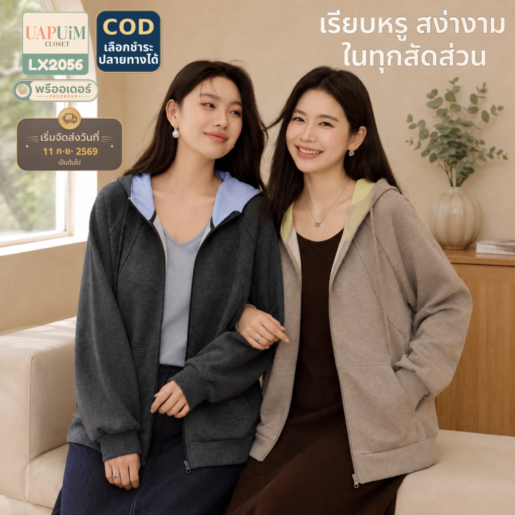 LX2056 เสื้อฮู้ดแขนยาวทรงหลวมกำลังดี