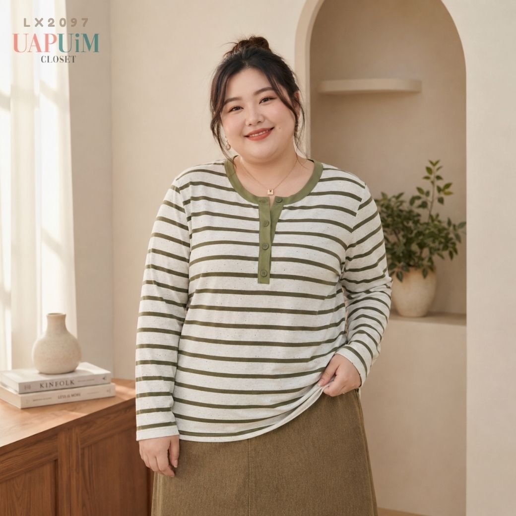 LX2097 เสื้อยืดแขนยาวลายทางพื้นครีมตัดสี