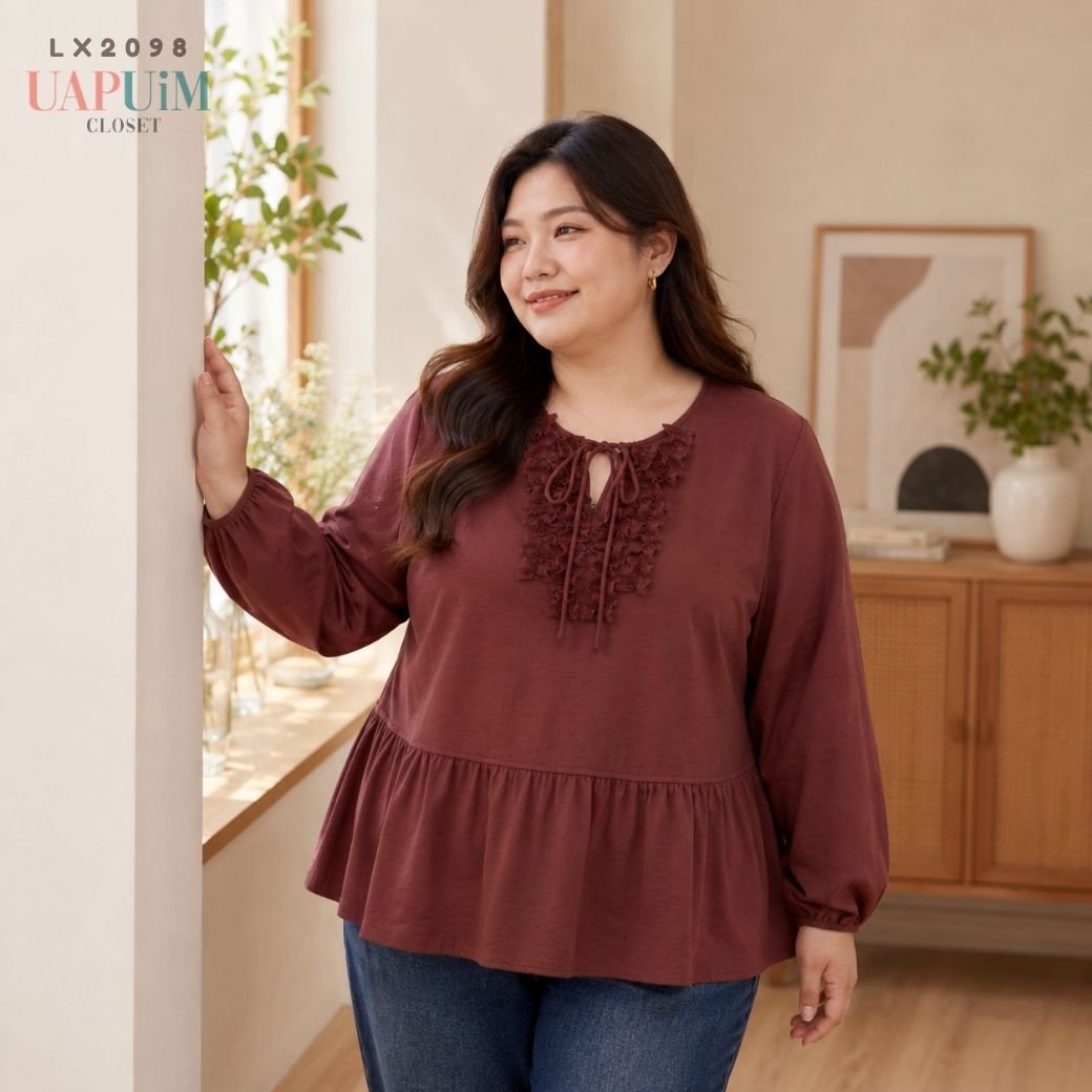 LX2098 เสื้อเบลาส์แขนยาวทรงปล่อยชายระบาย