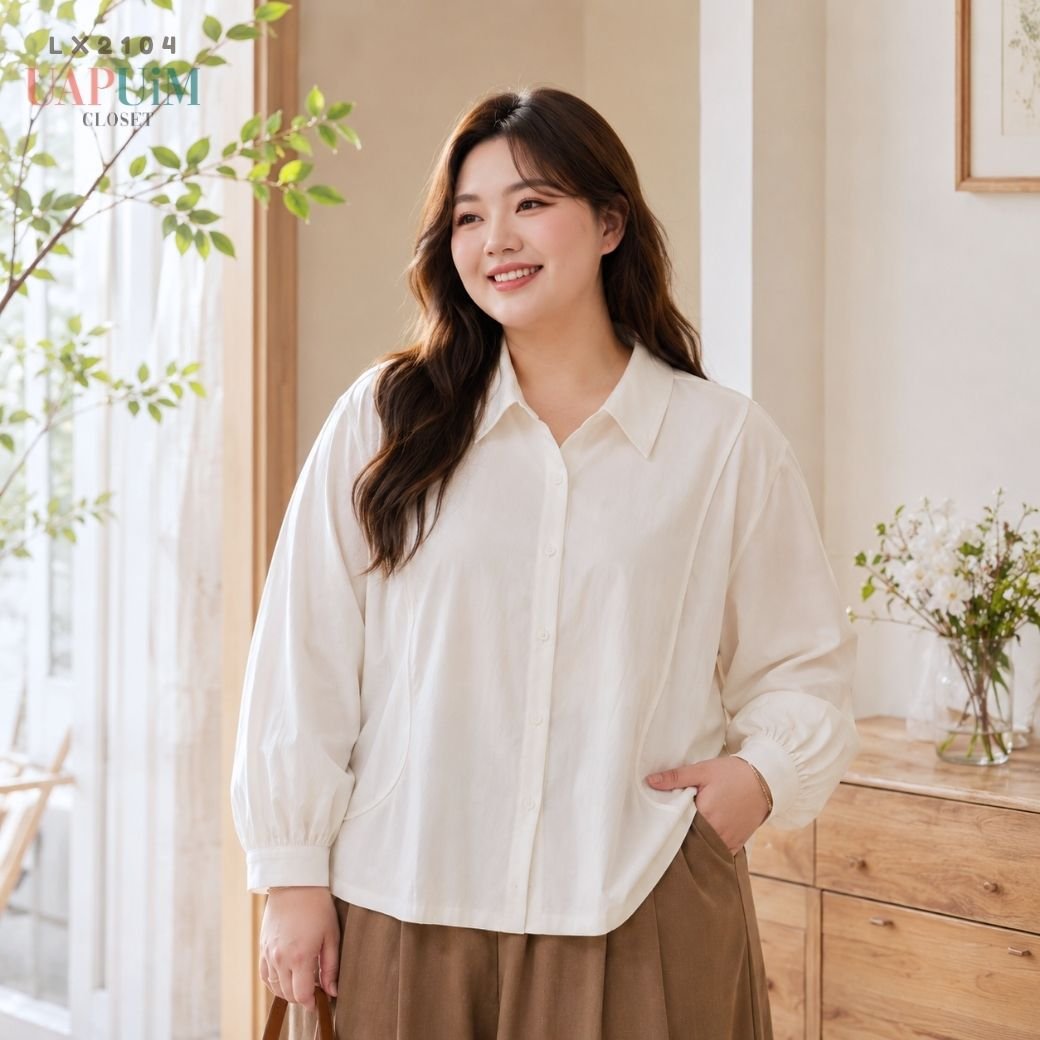 LX2104 เสื้อเชิ้ตแขนยาวทรงหลวม  คอปกเรียบ กระดุมหน้าแต่งสวย
