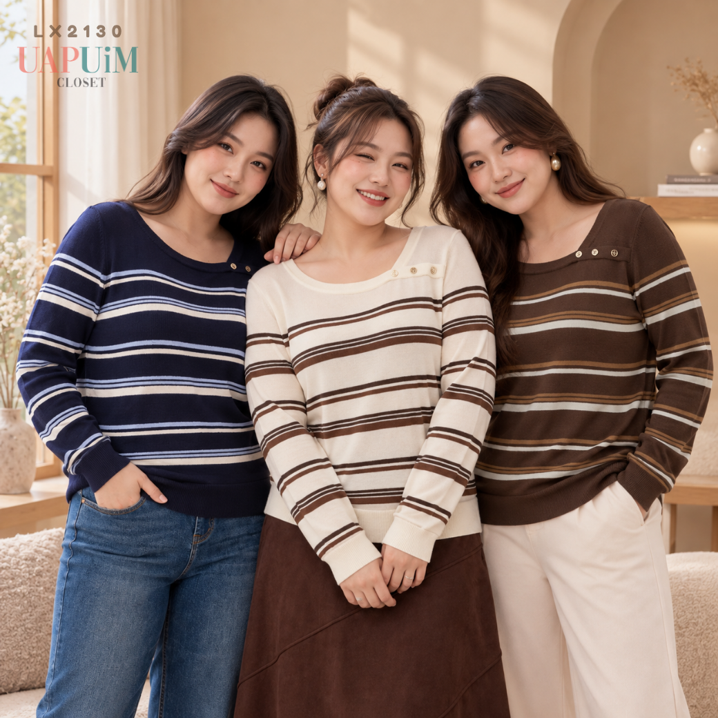 LX2130 เสื้อไหมพรมแขนยาวลายทาง