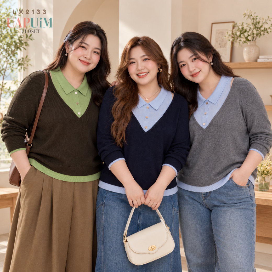 LX2133 เสื้อไหมพรมแขนยาวคอวีดีไซน์เลเยอร์
